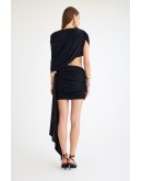 Beli cut out detaylı kuşaklı büzgülü mini elbise