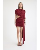 Beli cut out detaylı kuşaklı büzgülü mini elbise