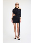 Beli cut out detaylı kuşaklı büzgülü mini elbise