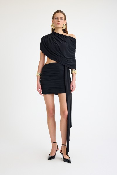 Beli cut out detaylı kuşaklı büzgülü mini elbise