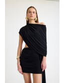 Beli cut out detaylı kuşaklı büzgülü mini elbise