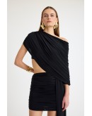 Beli cut out detaylı kuşaklı büzgülü mini elbise