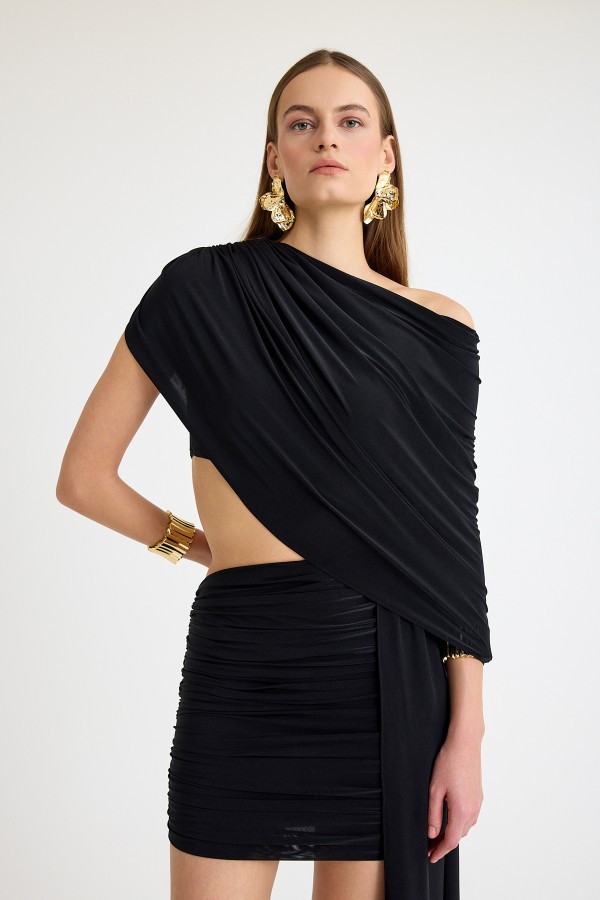 Beli cut out detaylı kuşaklı büzgülü mini elbise
