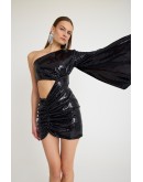 Siyah payet tek omuz drapeli cut out mini elbise