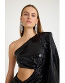 Siyah payet tek omuz drapeli cut out mini elbise