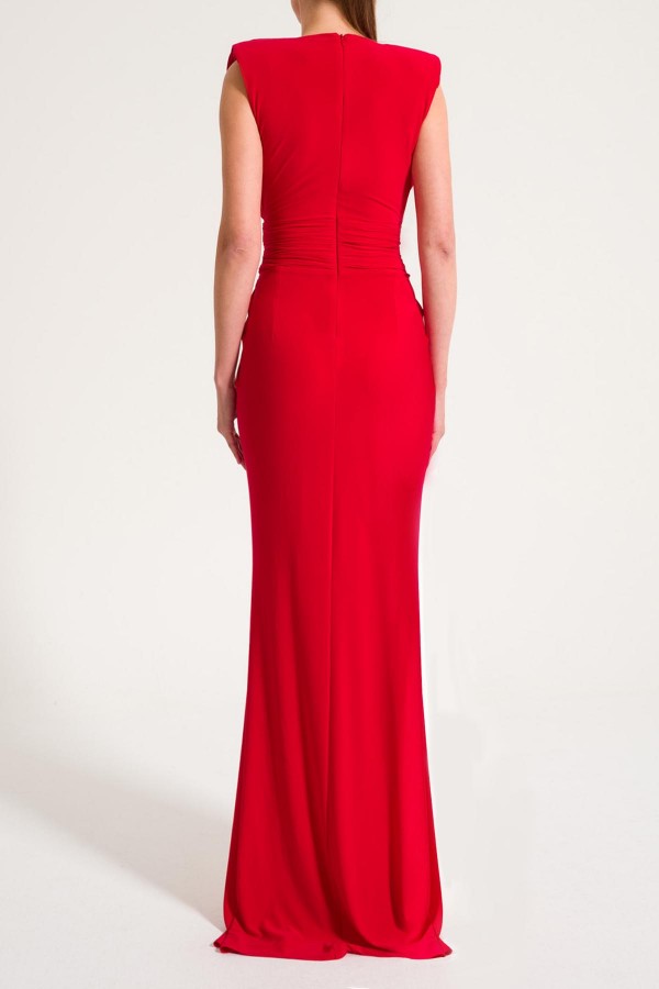 'LAURA' Kırmızı Drapeli Yırtmaçlı Uzun Elbise