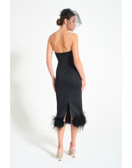 'TINA' Siyah Straplez Tüy Detaylı Midi Elbise